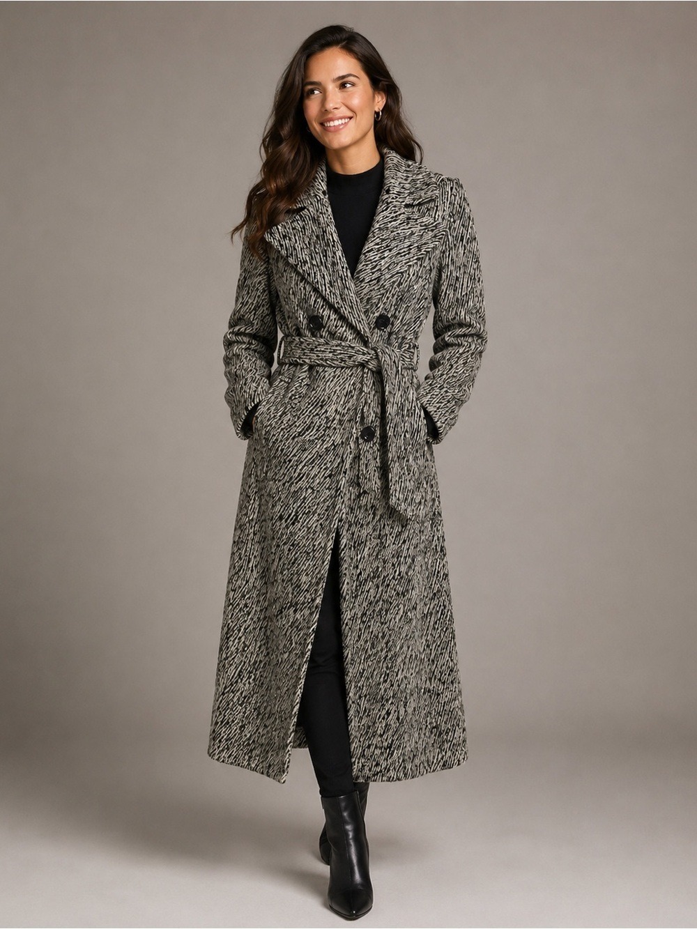 Rinascimento Double Breasted Black and White Wool Blend Coat